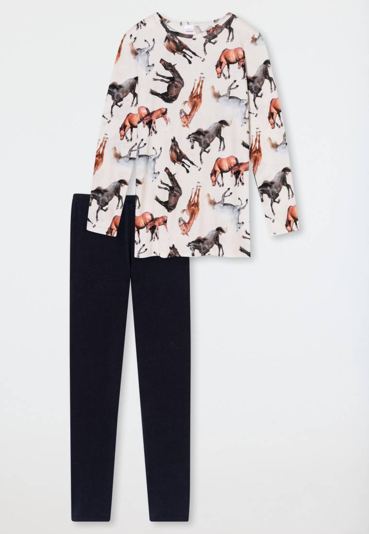 Schiesser Schlafanzug lang Organic Cotton Leggings Pferde off-white - Horse World Valentinstagsangebot