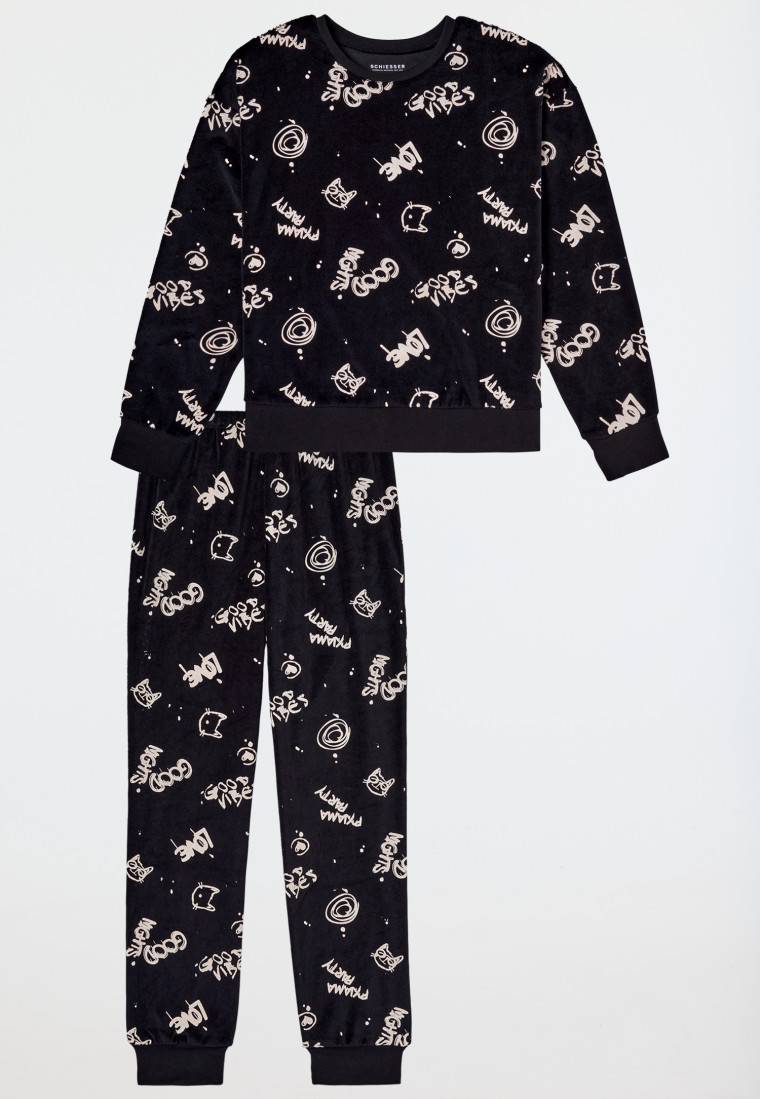Schiesser Schlafanzug lang Velour Graffiti schwarz - Nightwear Online Outlet