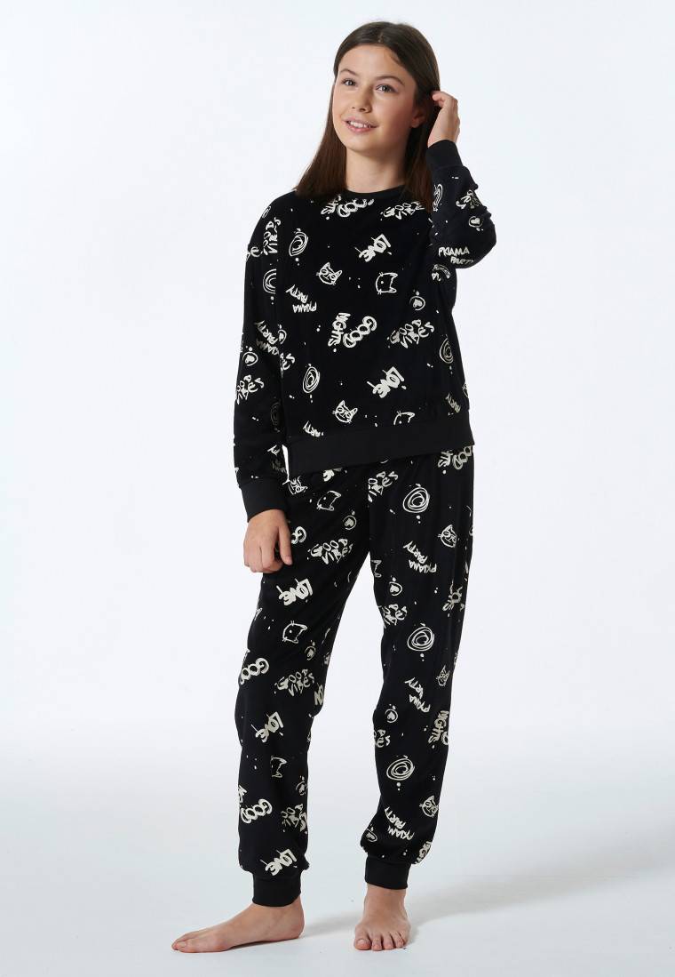 Schiesser Schlafanzug lang Velour Graffiti schwarz - Nightwear Online Outlet