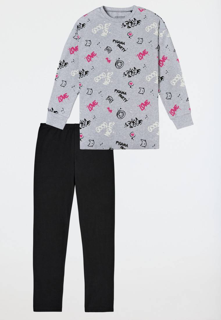 Schiesser Schlafanzug lang Interlock Shirt mit Leggings Graffiti grau-meliert - Nightwear Neuheiten