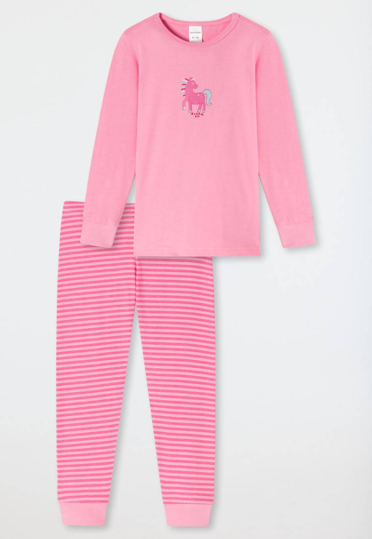 Schiesser Schlafanzug lang Organic Cotton Bündchen Pferd Ringel rosa - Nightwear Kostenlose Rückgabe