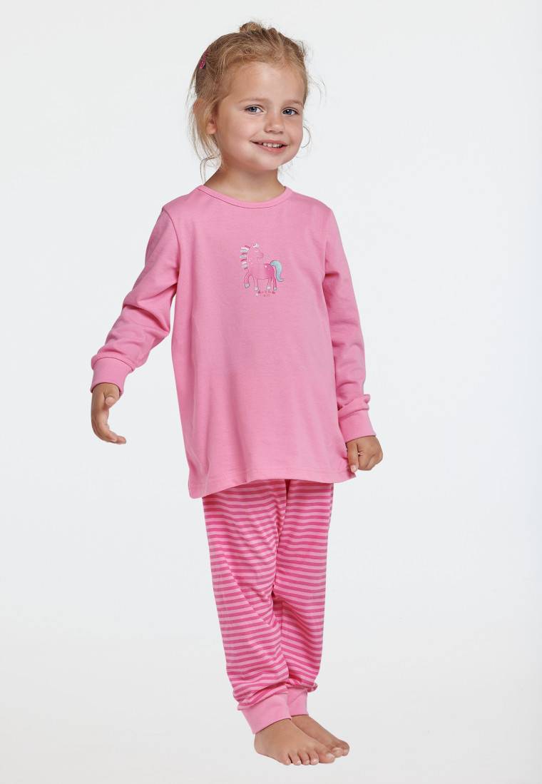 Schiesser Schlafanzug lang Organic Cotton Bündchen Pferd Ringel rosa - Nightwear Kostenlose Rückgabe