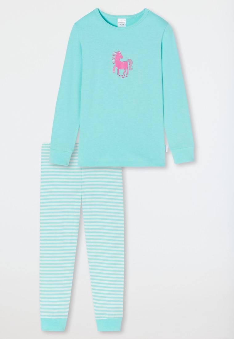 Schiesser Schlafanzug lang Organic Cotton Bündchen Pferd Ringel türkis - Nightwear Begrenzte Freigabe