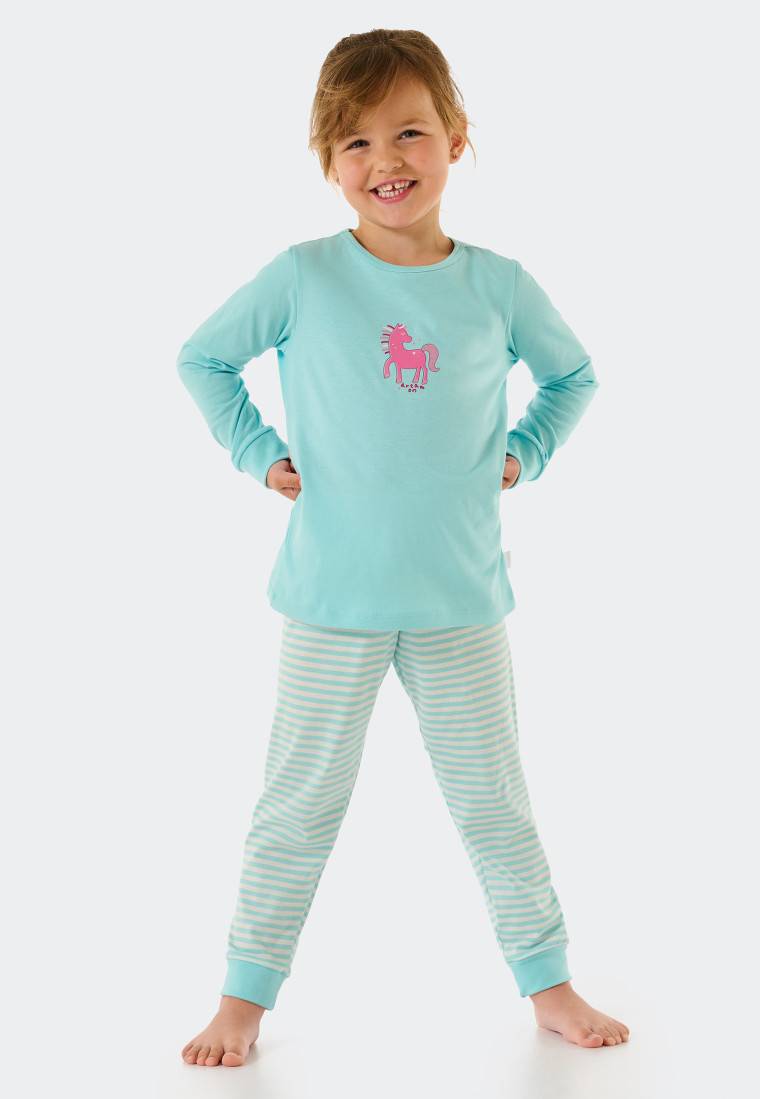 Schiesser Schlafanzug lang Organic Cotton Bündchen Pferd Ringel türkis - Nightwear Begrenzte Freigabe
