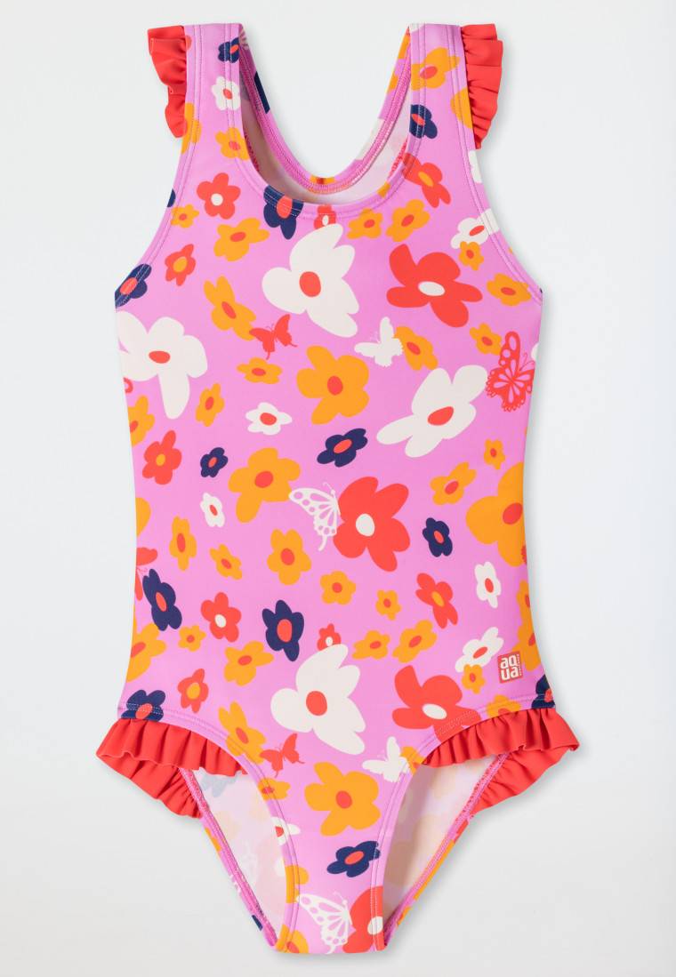 Schiesser Badeanzug Wirkware Blumen Schmetterlinge Rüschen rosa - Aqua Kids Girls Nur für heute