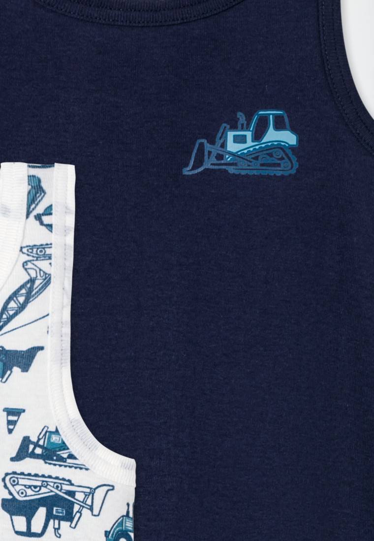 Schiesser Unterhemden 2er-Pack Baustellendruck blau/weiß - Fine Rib Fabrikverkauf