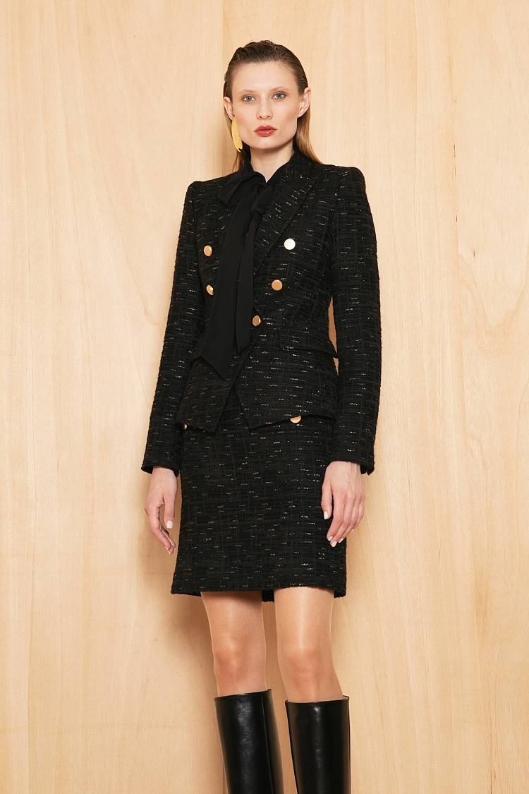 Sly 010 Doppelreihiger Tweed-Blazer mit Goldknöpfen Vatertagsangebot