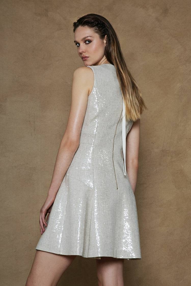 Sly 010 Ärmelloses Pailettenkleid aus Viskose-Leinen-Mix VIP-Rabatte